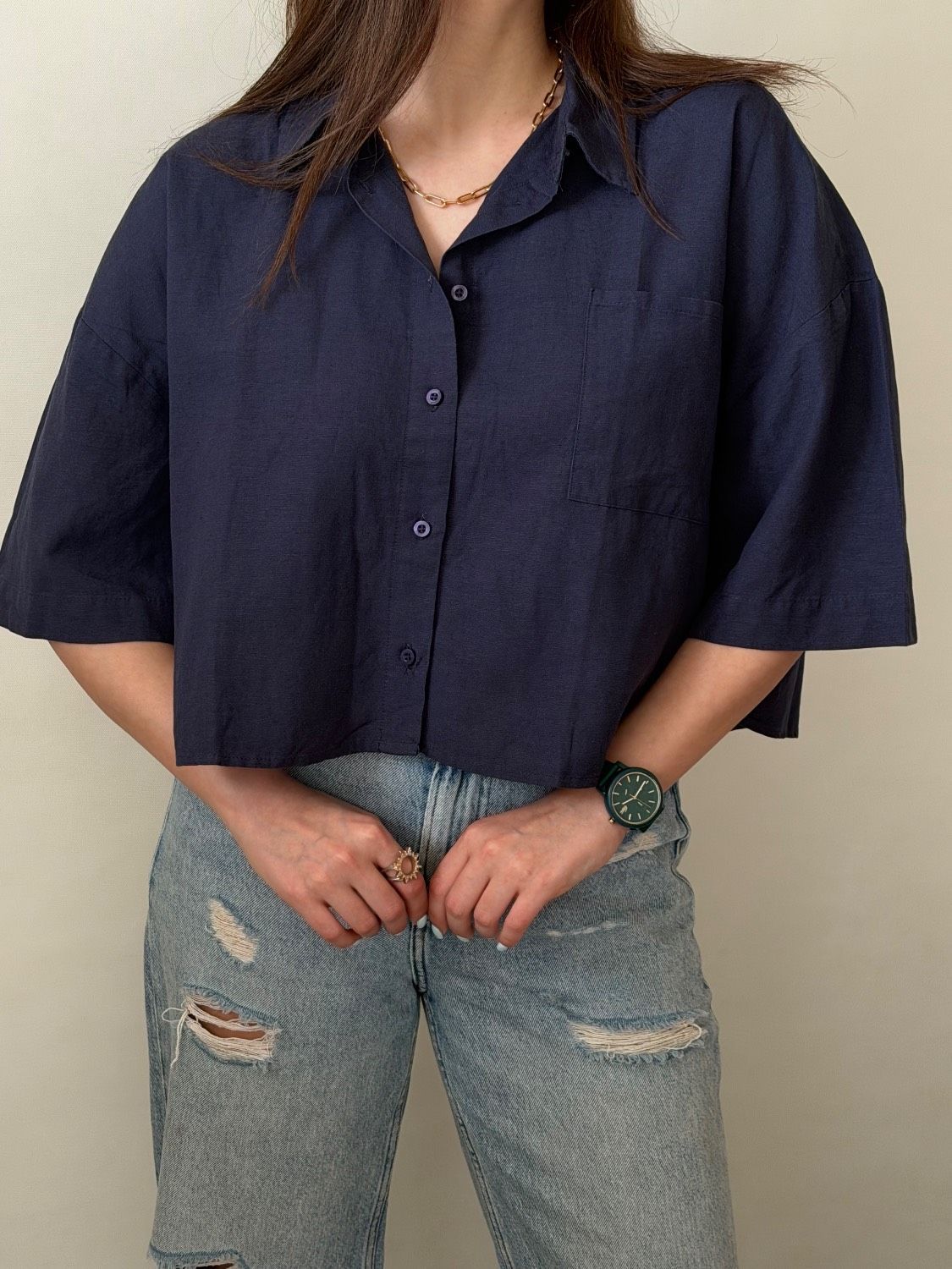 شومیز کراپ کوتاه مارک ZARA اورجینال رنگ سرمه ای بسته 10 تایی